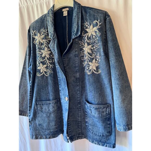 Vintage 80s Denim Jacket Beaded - XL - Picture 2 of 8